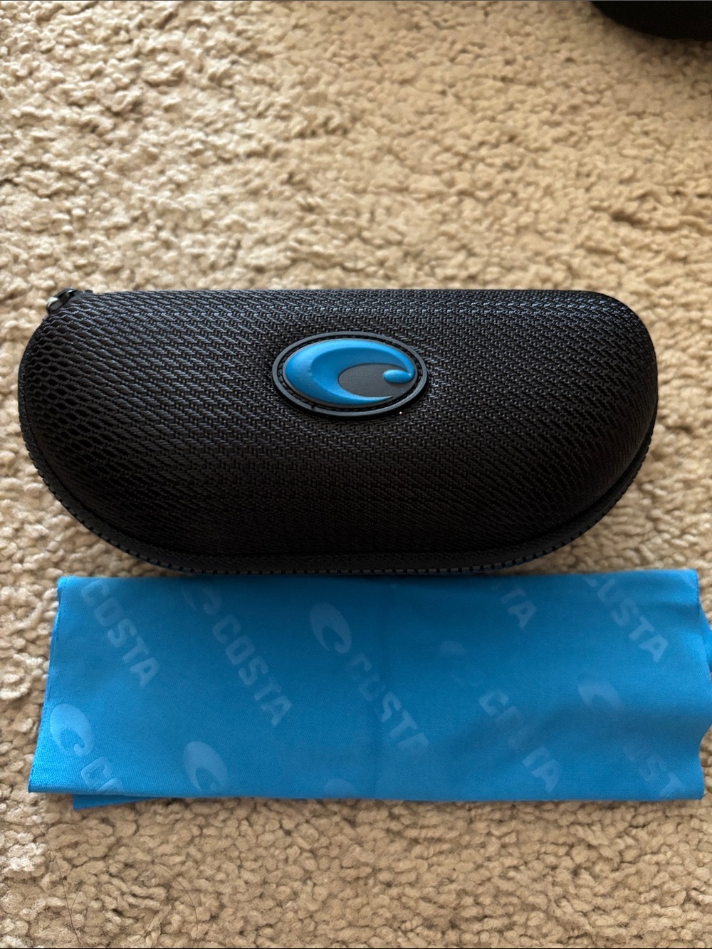 Costa Black Hard Shell Case with Blue Logo and Cleaning Cloth